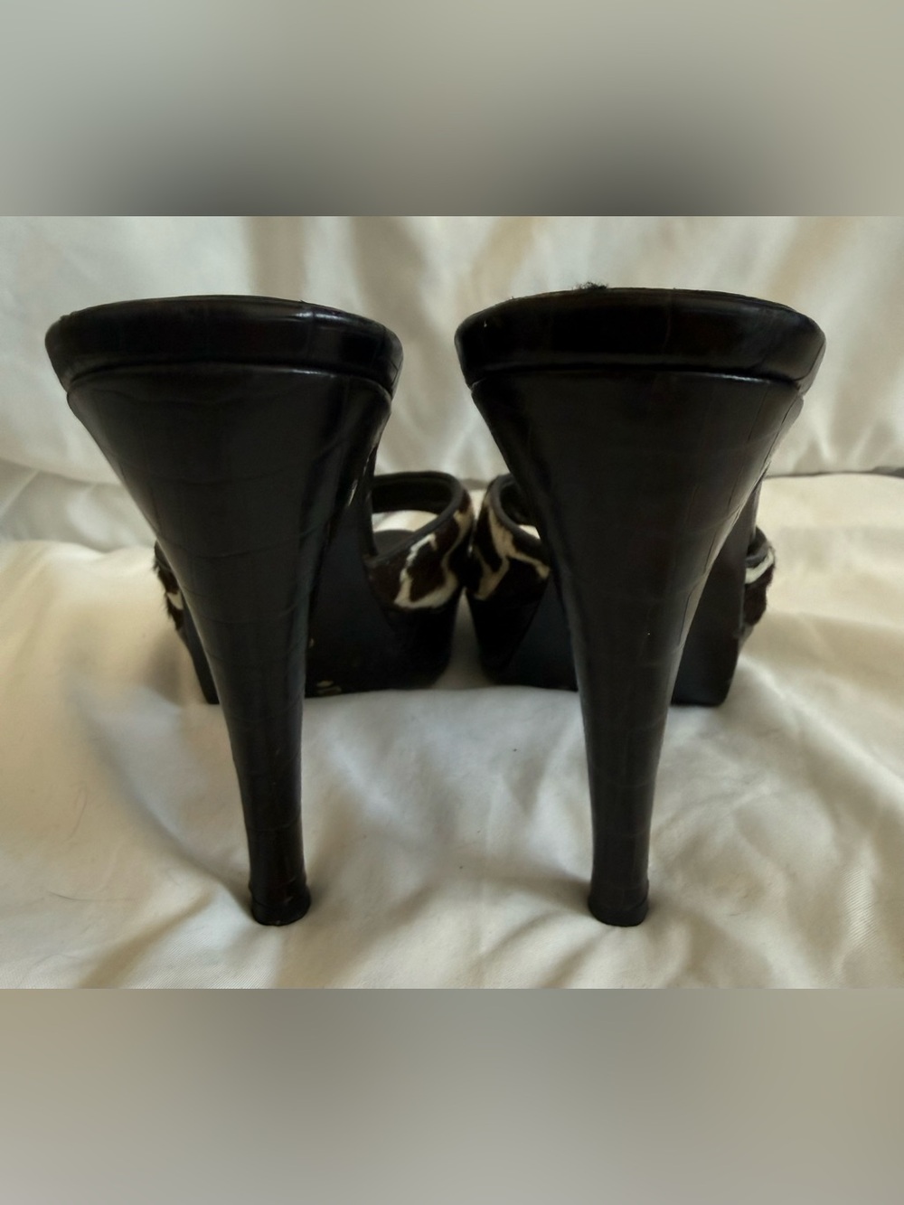 Vintage Donald J Pliner Calf Hair Giraffe Print Platform Mule Heel 6.5 Italy Y2K - Picture 12 of 16